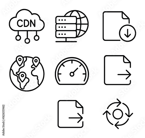 CDN Icon Set. Outline icon set of content delivery network (CDN): CDN node, edge server, cache icon, content