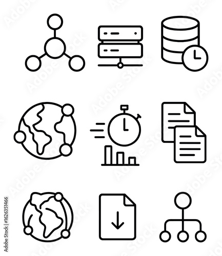 CDN Icon Set. Outline icon set of content delivery network (CDN): CDN node, edge server, cache icon, content