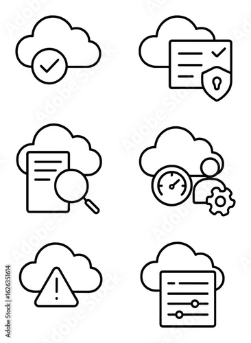Cloud Governance Icons. Outline icon set of cloud governance: compliance icon, security policy, governance