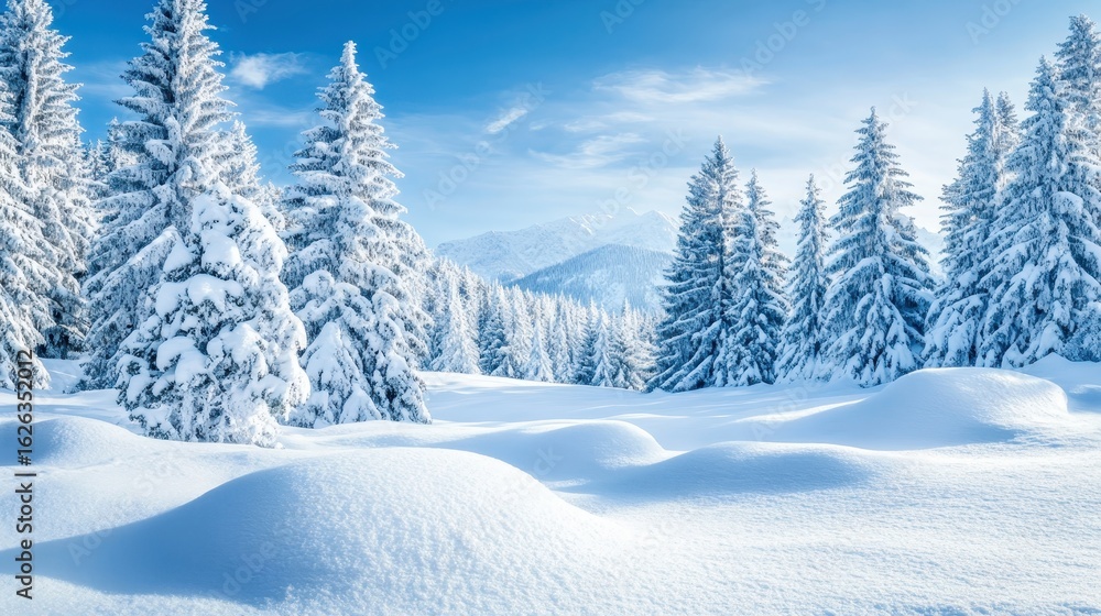 Snowy Winter Landscape with Pine Trees Under Clear Blue Sky Snowy Winter Landscape with Pine Trees Under Clear Blue Sky