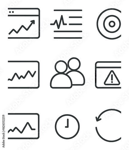 Real-Time Analytics Icons. Outline icon set of real-time analytics: live data feed, activity stream, refresh