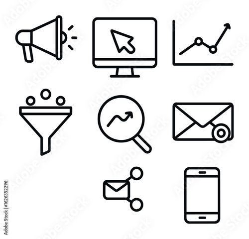 Marketing Dashboard Icons. Outline icon set of marketing dashboard: campaign icon, click-through rate,