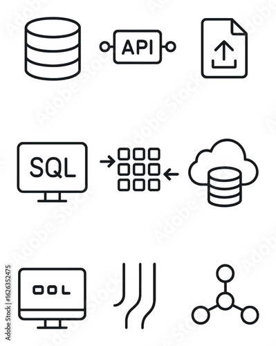 Data Connection Icons. Outline icon set of data source connections: database icon, API connector, CSV upload,