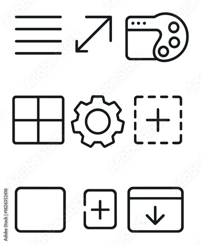 Dashboard Icon Set. Outline icon set of dashboard customization: drag handle, resize corner, widget settings,