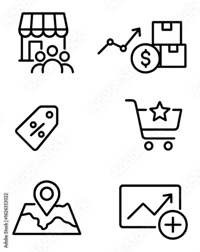 Retail Analytics Icons. Outline icon set of retail analytics: store traffic, sales performance, stock level,