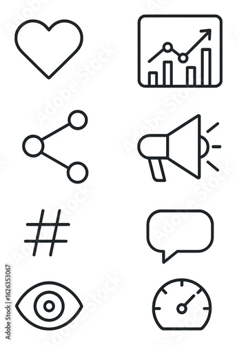 Social Media Dashboard Icons. Outline icon set of social media dashboard: like count, share icon, follower
