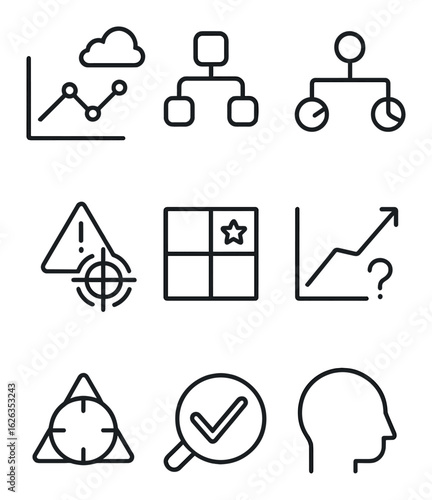 Data Decision Tool Icons. Outline icon set of data-driven decision tools: scenario model, decision tree,