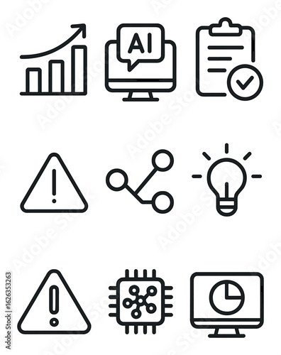 AI Dashboard Icons. Outline icon set of dashboard AI insights: data prediction, AI suggestion, recommendation