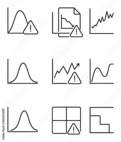 Financial Risk Icons. Outline icon set of financial risk analysis: risk curve, VaR icon, standard deviation,