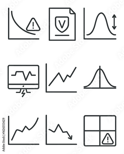Financial Risk Icons. Outline icon set of financial risk analysis: risk curve, VaR icon, standard deviation,
