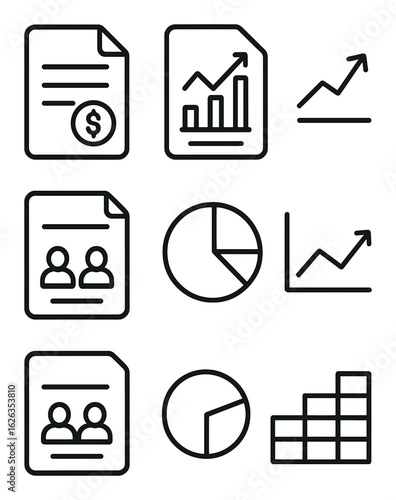 Tax Reporting Icons. Outline icon set of tax reporting visuals: tax summary, deductible chart, income category