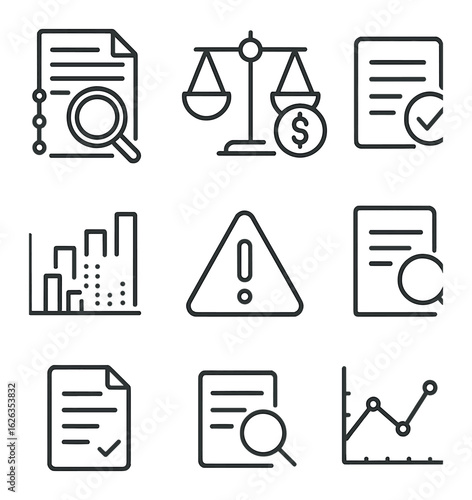 Financial Audit Icons. Outline icon set of financial audit visuals: audit trail, balance review, compliance