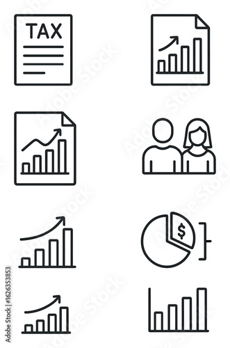Tax Reporting Icons. Outline icon set of tax reporting visuals: tax summary, deductible chart, income category
