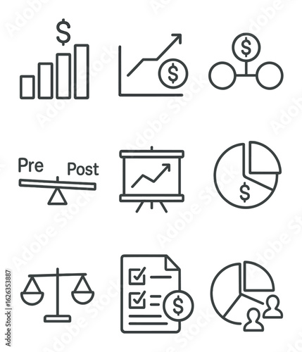 Fundraising Charts Icons. Outline icon set of fundraising charts: capital stack, investor return, funding