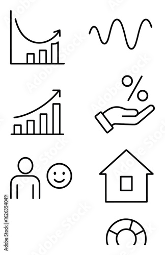 Economic Trends Icons. Outline icon set of economic trends: recession curve, growth chart, inflation wave,