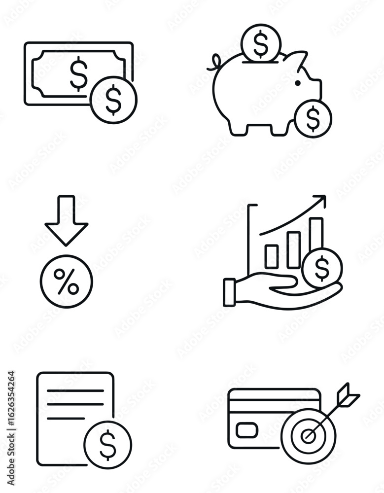 Fototapeta premium Financial Literacy Icons. Outline icon set of financial literacy visuals: money concept, savings habits,