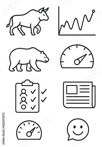 Market Sentiment Icons. Outline icon set of market sentiment indicators: bullish icon, bearish icon, sentiment