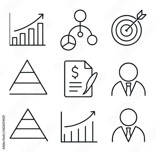 Wealth Management Icons. Outline icon set of wealth management charts: net worth chart, asset allocation,