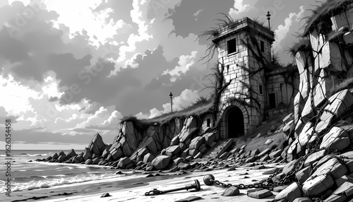 A twisted black-and-white digital sketch of an abandoned coastal watchtower, its stone walls cracked and overgrown with wild vines. Storm clouds churn overhead while the nearby shoreline crumbles.