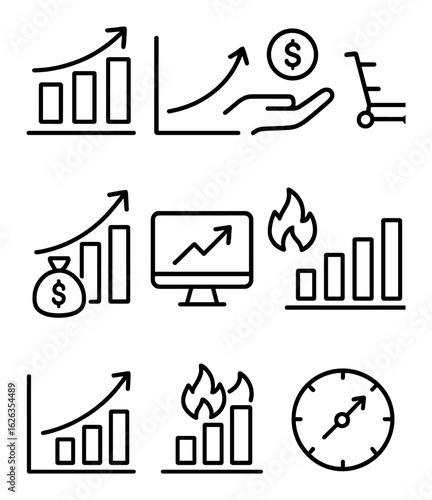 Inflation Analysis Icons. Outline icon set of inflation analysis: CPI index, inflation rate line, purchasing