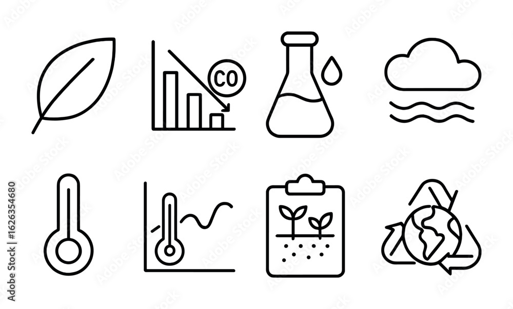 Environmental Research Icons. Outline icon set of environmental research: leaf icon, carbon chart, water Environmental Research Icons. Outline icon set of environmental research: leaf icon, carbon chart, water
