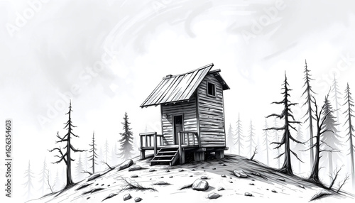 A stark, high-contrast sketch of a mountain lookout cabin on the verge of collapse. The roof is caved in, the railing is gone, and the surrounding forest is stripped and lifeless under a bleak.