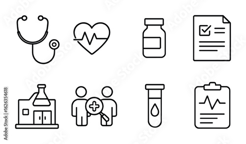 Medical Research Icons. Outline icon set of medical research: stethoscope, heart rate, vaccine vial, test