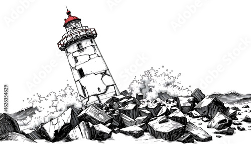 A high-detail ink-style drawing of a ruined lighthouse battered by waves. The top is crumbled, light long extinguished, with chunks of stone missing and the surrounding rocks slick with seafoam.