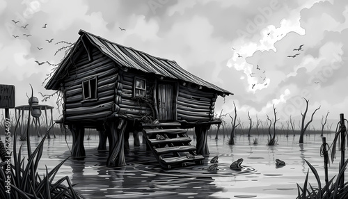 A grim monochrome drawing of a warped wooden shack perched on sinking stilts in a muddy swamp. The roof slants dangerously, vines choke the windows, and frogs perch on broken steps under a dim.