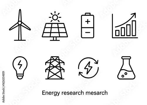 Energy Research Icons. Outline icon set of energy research: wind turbine, solar panel, battery cell,