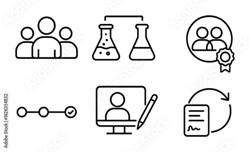 Scientific Collaboration Icons. Outline icon set of scientific collaboration: team icon, shared lab, research