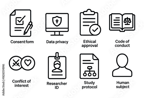 Research Ethics Icons. Outline icon set of research ethics: consent form, data privacy, ethical approval, code