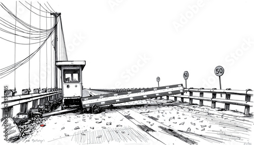 A scratched ink drawing of a broken toll booth on a crumbling bridge, wires hanging loose and road signs twisted. The barrier gate lies snapped on the road, surrounded by windblown leaves and debris.
