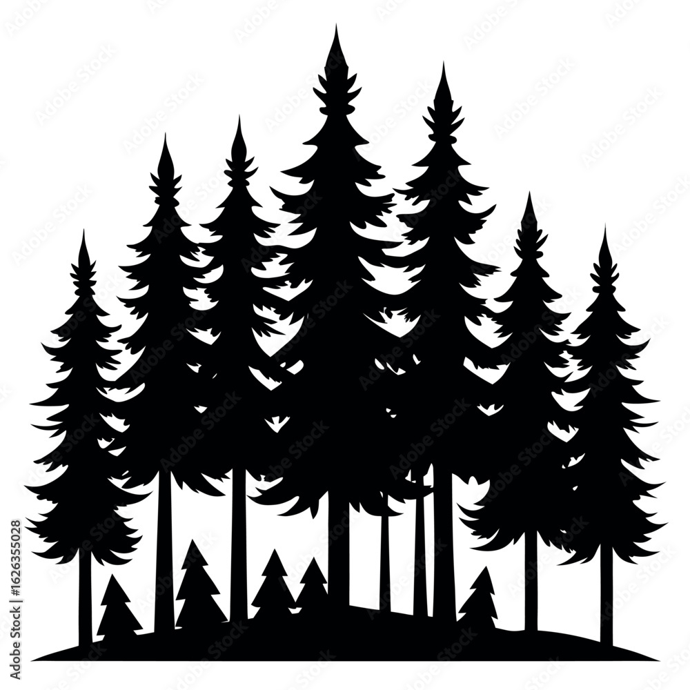 Obraz premium Realistic pine forest silhouette with staggered trees isolated on white background