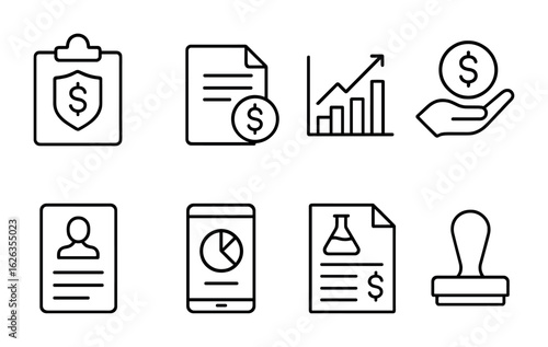 Research Funding Icons. Outline icon set of research funding: grant icon, budget file, funding chart, sponsor