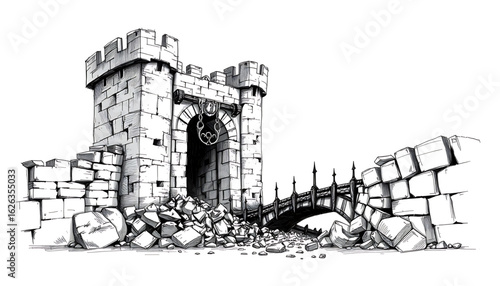 A black-and-white sketch of a shattered castle gate, its iron portcullis twisted and buried in rubble, with the remnants of a scorched drawbridge leading nowhere.
