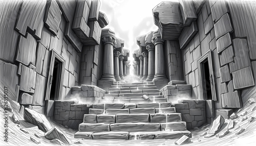 A black-and-white drawing of a sunken necropolis, tomb doors ajar and steps crumbling into shadow, as ghostly mist flows upward from beneath the broken slabs.
