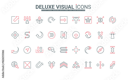 Arrow line icons set. Traffic signs to update and transfer data, exchange and repeat, rotate movement, increase and decrease business expand thin black and red outline symbols vector illustration