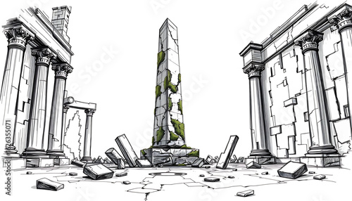 A black-and-white sketch of a moss-covered obelisk standing in a ruined courtyard, cracked and leaning, surrounded by broken columns and shattered sigils.
