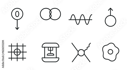 Quantum Research Icons. Outline icon set of quantum research: quantum bit, entanglement icon, uncertainty wave