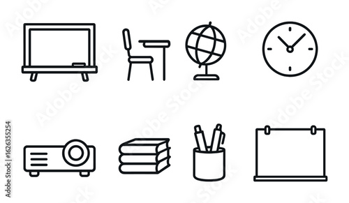 Classroom Essentials Icons. Outline icon set of classroom essentials: chalkboard, desk, globe, wall clock,