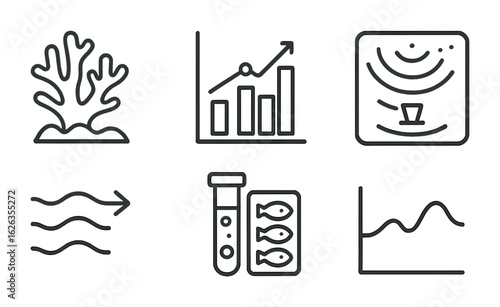 Marine Science Icon Set. Outline icon set of marine science infographic: coral reef, salinity chart, sonar map