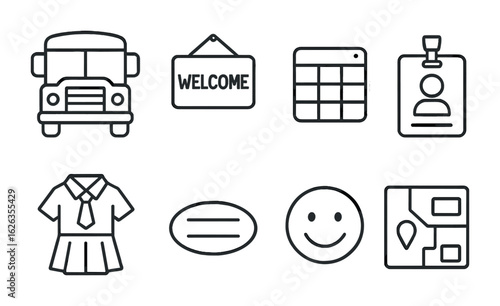 First Day Icons. Outline icon set of first day of school: school bus, welcome sign, schedule card, ID badge,