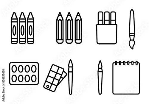 Coloring Tools Icons. Outline icon set of coloring tools: crayons, colored pencils, marker set, paintbrush,