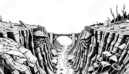 A black-and-white sketch of a shattered bridge that once spanned a volcanic canyon, with broken supports and scorched remnants on either side.
