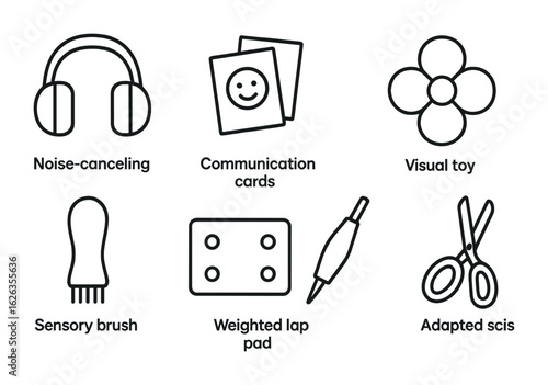 Outline Special Needs Icons. Outline icon set of special needs supplies: noise-canceling headphones,