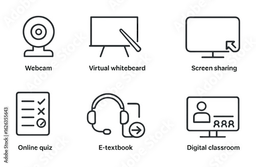 Distance Learning Tools Icons. Outline icon set of distance learning tools: webcam, virtual whiteboard, screen