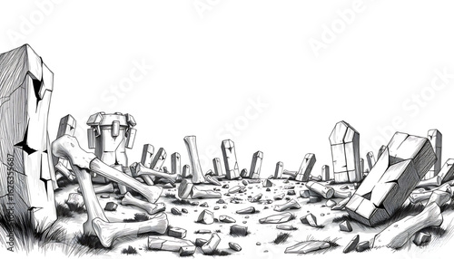 A black-and-white sketch of a forgotten giant’s graveyard, where colossal broken bones rest among monolithic shattered armor and overturned runestones.
