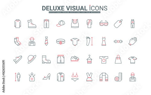 Fashion clothes and shoes line icons set. Measurements for buying shirt and suit, textile dress and swimsuit, trousers and cap for man and woman thin black and red outline symbols vector illustration
