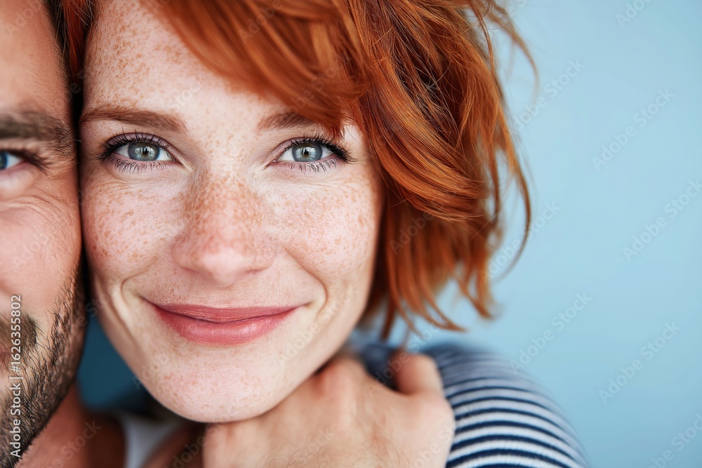Close up of smiling redhead woman with freckles embracing man on blue background in natural light Close up of smiling redhead woman with freckles embracing man on blue background in natural light